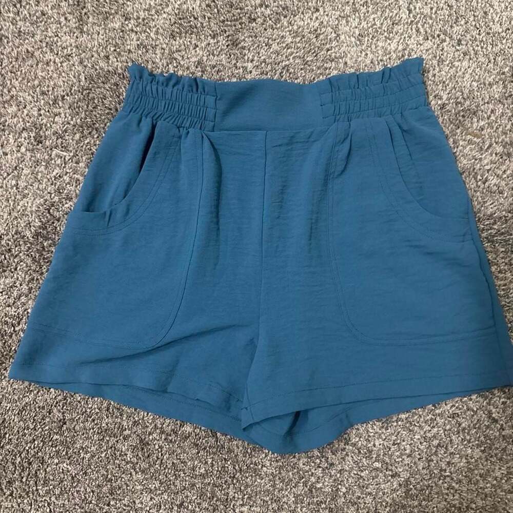 Blue Paperbag Waist High-Waisted Shorts, Size M